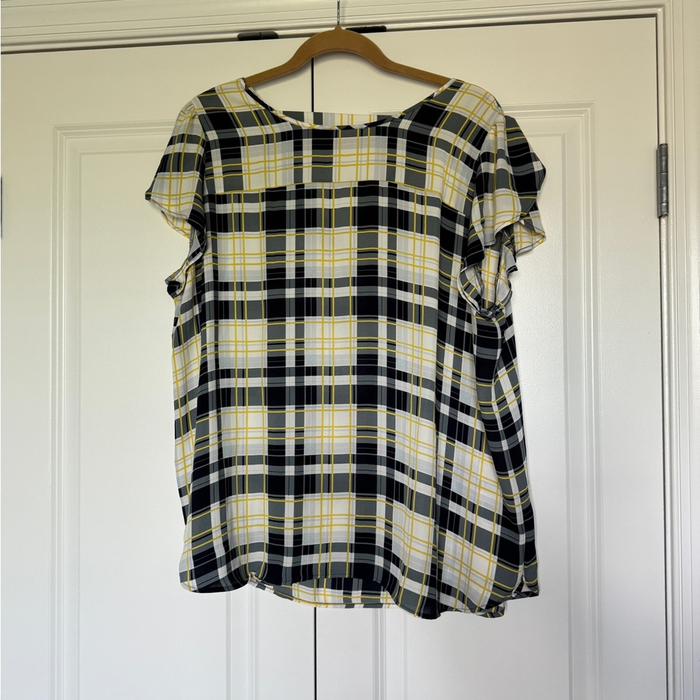 LOFT Black White and Yellow Blouse Short Sleeve Size XL